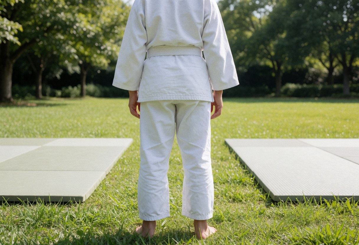 Back view of a martial arts student wearing a white gi standing on training mats in an outdoor garden with grass and trees