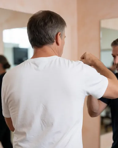 An adult man practicing boxing techniques with a professional instructor in a gym featuring mirrors and pale terracotta walls.