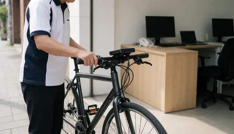 A cyclist with a black bike taxi and a power bank on the handlebars, ready for service in a modern office setting.