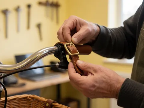 Close-up of a hand adjusting a leather buckle on a bicycle basket with workshop tools hanging on a yellow wall in the background.