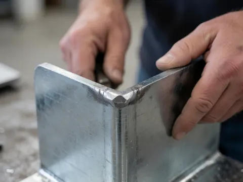 Close-up of hands holding a galvanized steel corner piece with visible welding, set against a blurred industrial background highlighting stamped metal details.
