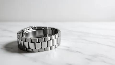 Close-up of a stainless steel watch band resting on a white marble surface with bright metallic reflections and a blurred background
