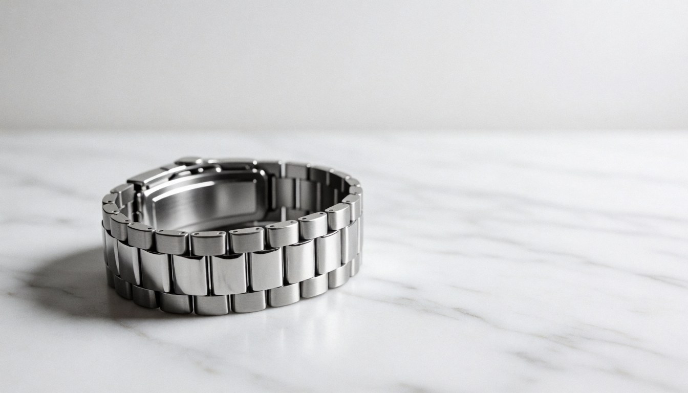 Close-up of a stainless steel watch band resting on a white marble surface with bright metallic reflections and a blurred background