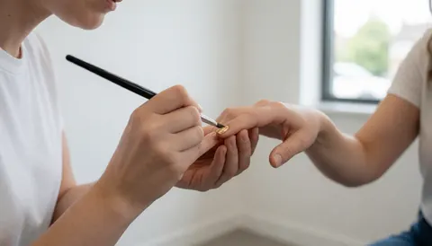 A manicurist uses a brush to apply a gold detail to a client's nail in a bright salon with white walls and natural light.