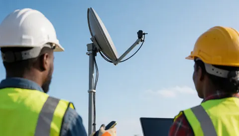 Two antenna installers working on a satellite dish on a rooftop, wearing helmets and reflective vests under a blue sky.