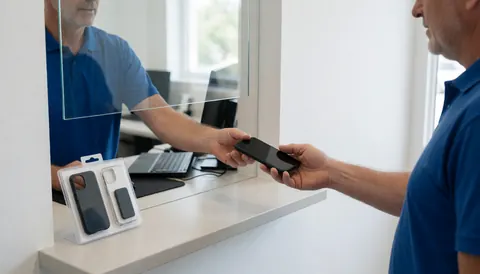 A technician hands a repaired smartphone to a customer through a glass window, with phone cases displayed nearby.