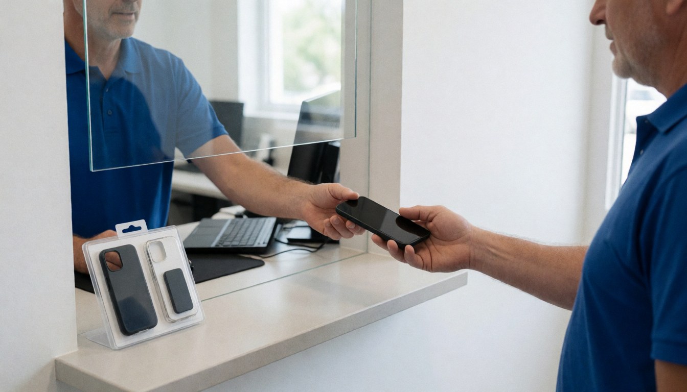 A technician hands a repaired smartphone to a customer through a glass window, with phone cases displayed nearby.