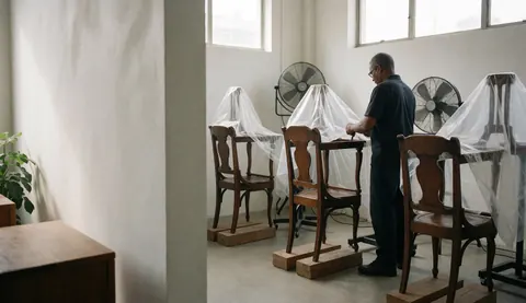 Antique wooden chairs being restored in a workshop with industrial fans and protective plastic, illuminated by natural light from high windows