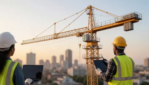 Two workers in hard hats and reflective vests check plans on a tablet and laptop in front of a construction crane at sunset.