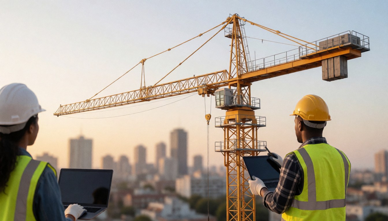 Two workers in hard hats and reflective vests check plans on a tablet and laptop in front of a construction crane at sunset.