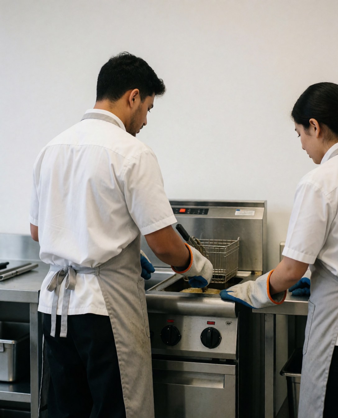 Two technicians wearing protective gloves work on a stainless steel commercial deep fryer in a clean kitchen.