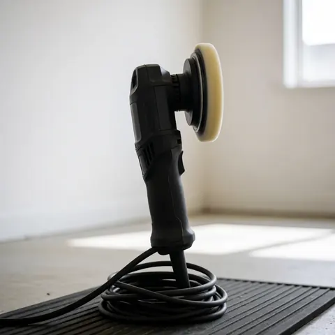Black automotive polisher with circular foam pad and coiled cable resting on a rubber mat in a workshop with white walls.