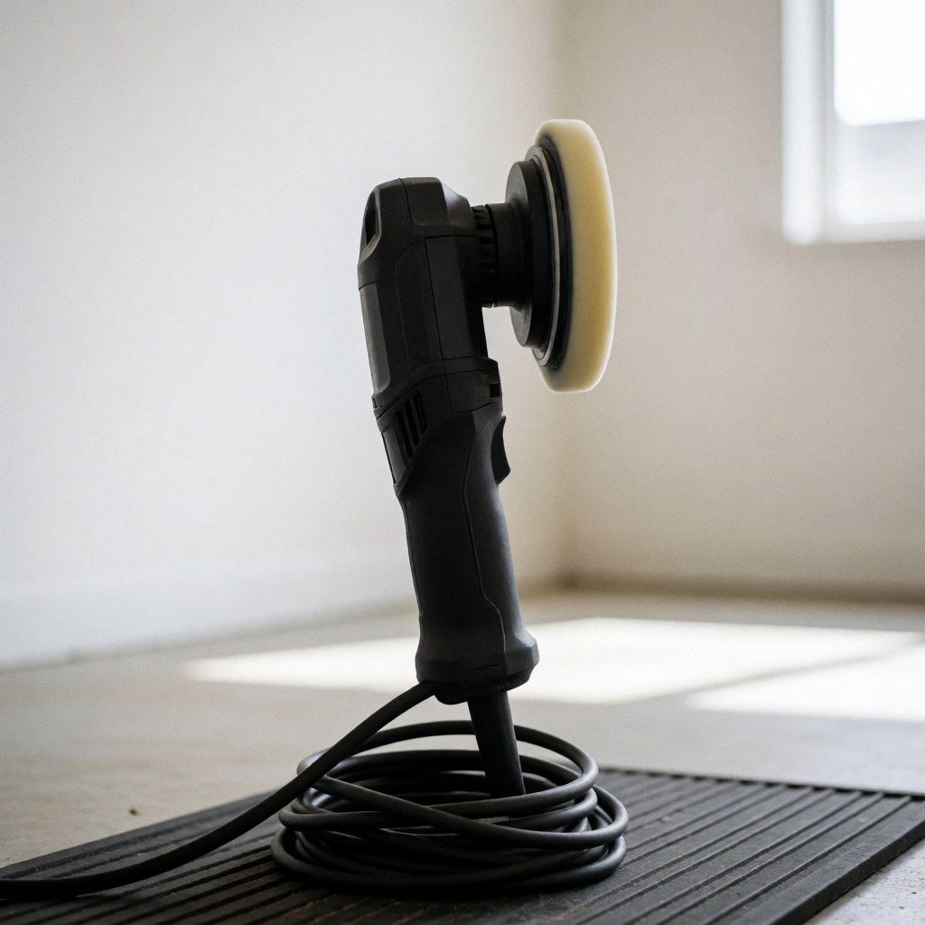 Black automotive polisher with circular foam pad and coiled cable resting on a rubber mat in a workshop with white walls.