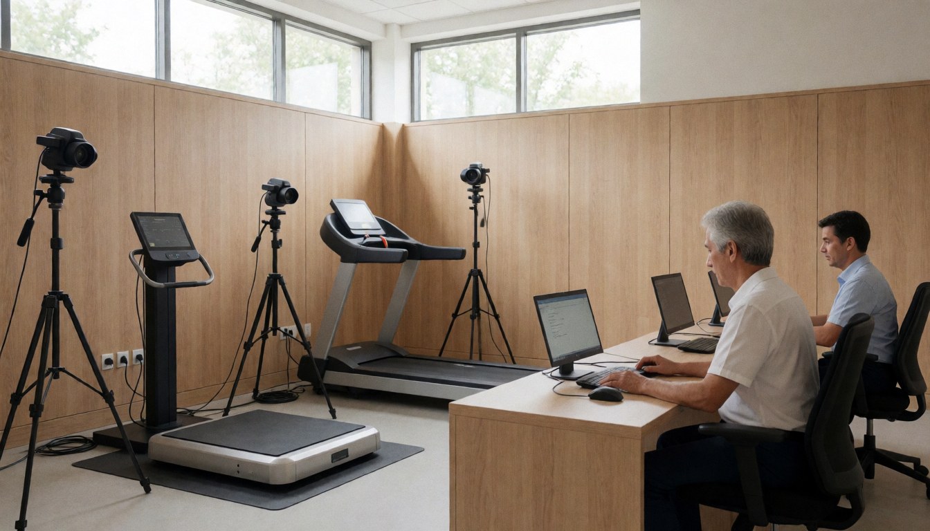 Force platform and camera setup in an evaluation room with tape and computers for movement analysis and rehabilitation.