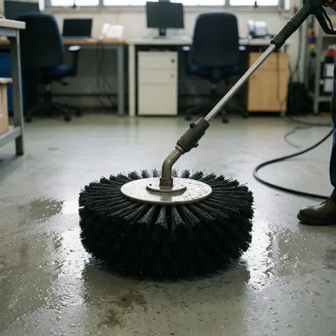 Black bristle pressure brush cleaning a wet concrete floor in an industrial workshop with a worker nearby