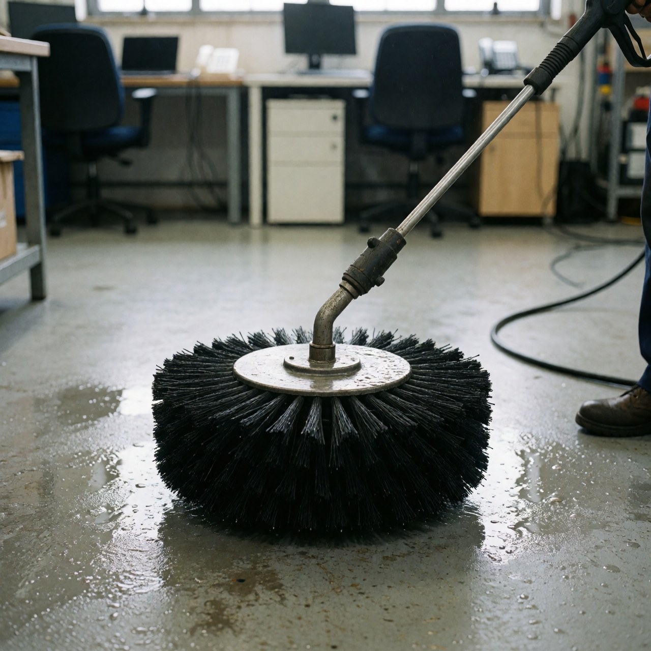 Black bristle pressure brush cleaning a wet concrete floor in an industrial workshop with a worker nearby