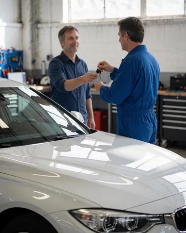 Auto technician in blue overalls hands car keys to a customer next to a newly painted white vehicle in a well-lit garage