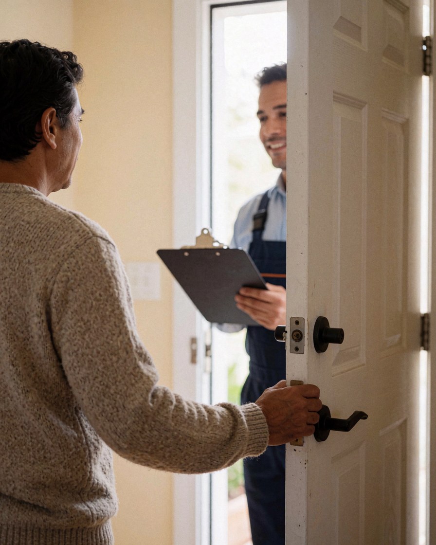 A smiling customer opens the front door to greet a heating repair technician holding a portfolio inside a home with beige walls and natural light.