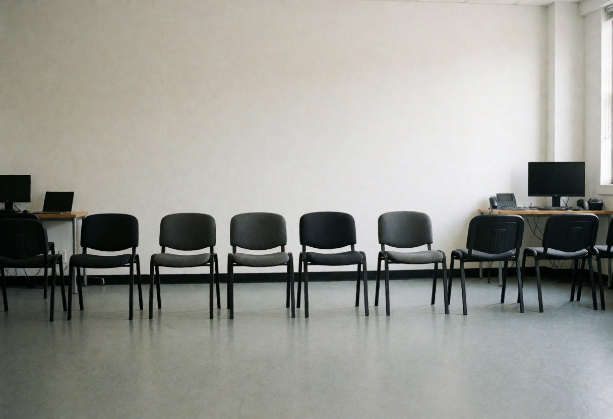 Black chairs lined up against a white wall with computers on tables in a dance studio ready for auditions