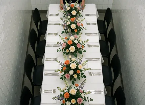 Long table set with white tablecloth, floral centerpieces, silver cutlery, black chairs, and white tiled walls for florist decor