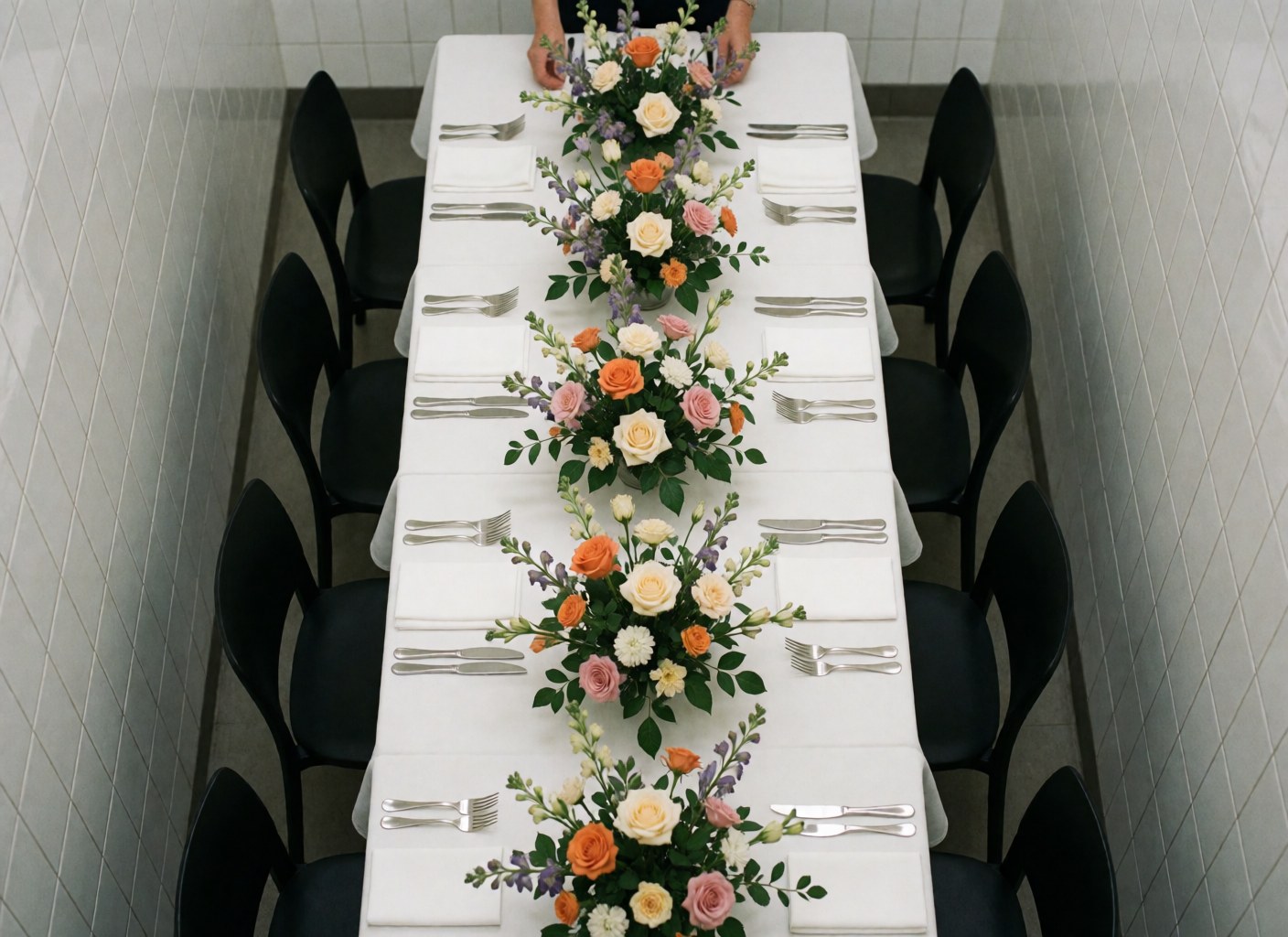 Long table set with white tablecloth, floral centerpieces, silver cutlery, black chairs, and white tiled walls for florist decor