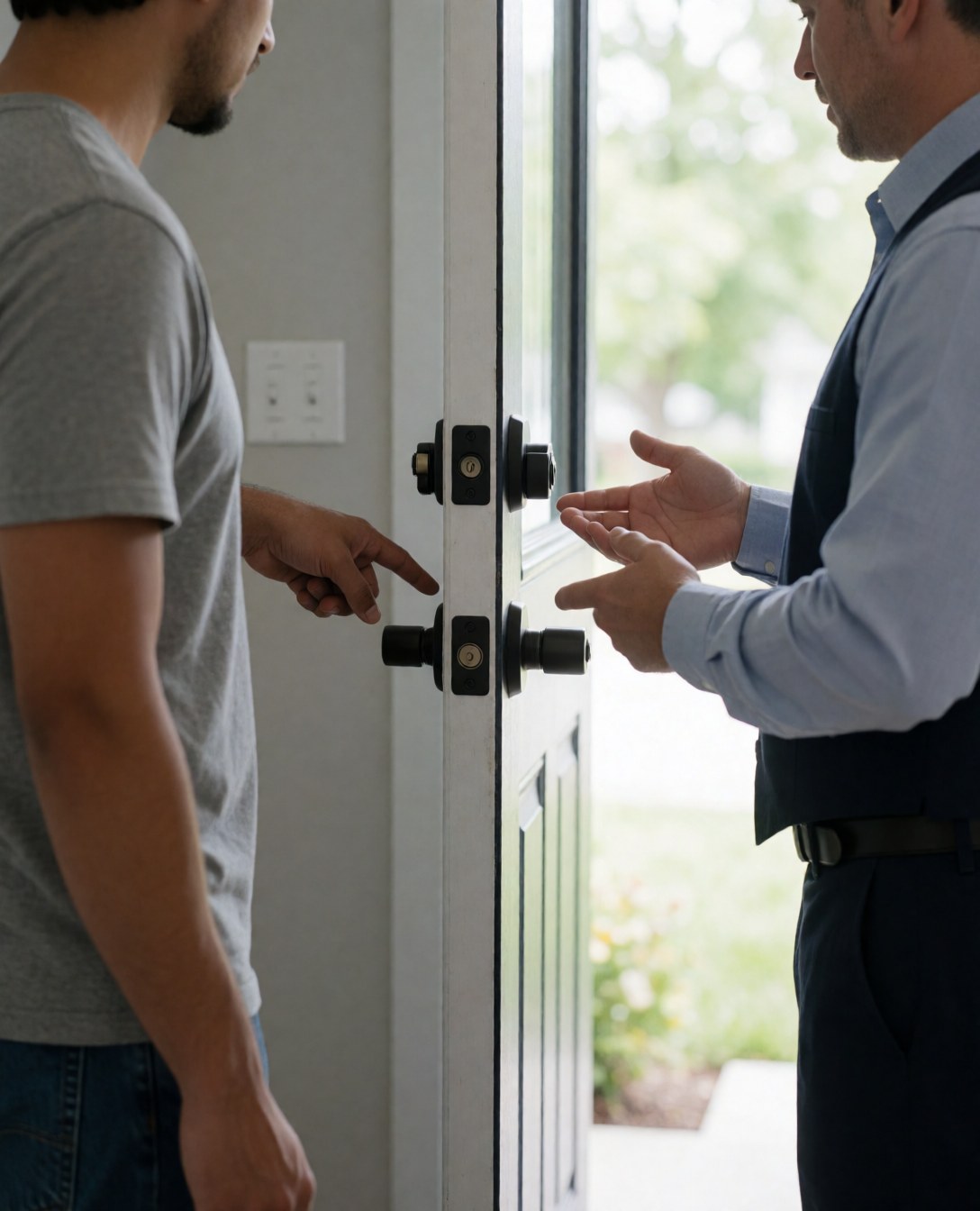 A locksmith and a client inspecting a newly installed lock on an entry door with gray walls and natural light.