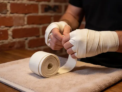 Close-up of hands wrapped in boxing bandages resting on a towel with a brick wall background and warm lighting