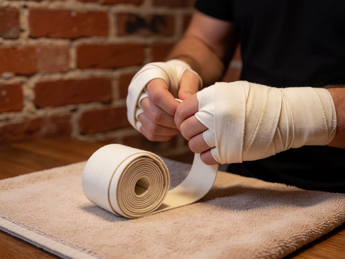 Close-up of hands wrapped in boxing bandages resting on a towel with a brick wall background and warm lighting