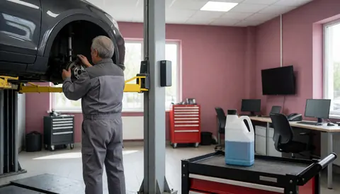 Auto mechanic servicing a lifted vehicle in a modern workshop with pink walls and natural light, featuring brake pump on a cart.