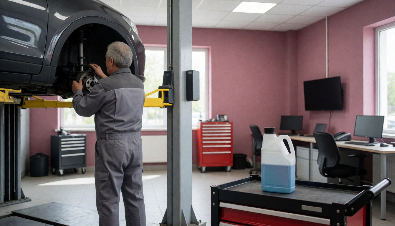 Auto mechanic servicing a lifted vehicle in a modern workshop with pink walls and natural light, featuring brake pump on a cart.