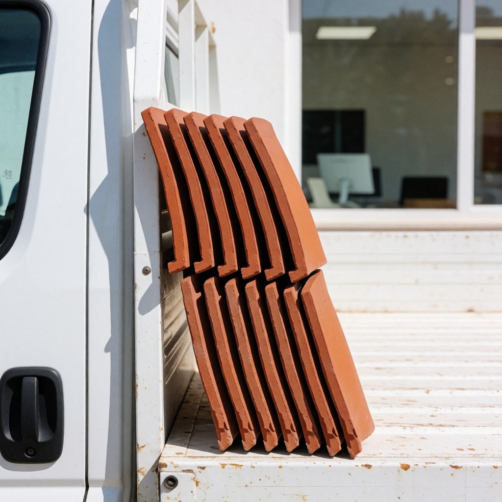 Five curved clay roof tiles stacked in the bed of a white truck ready for roof repair on a sunny day