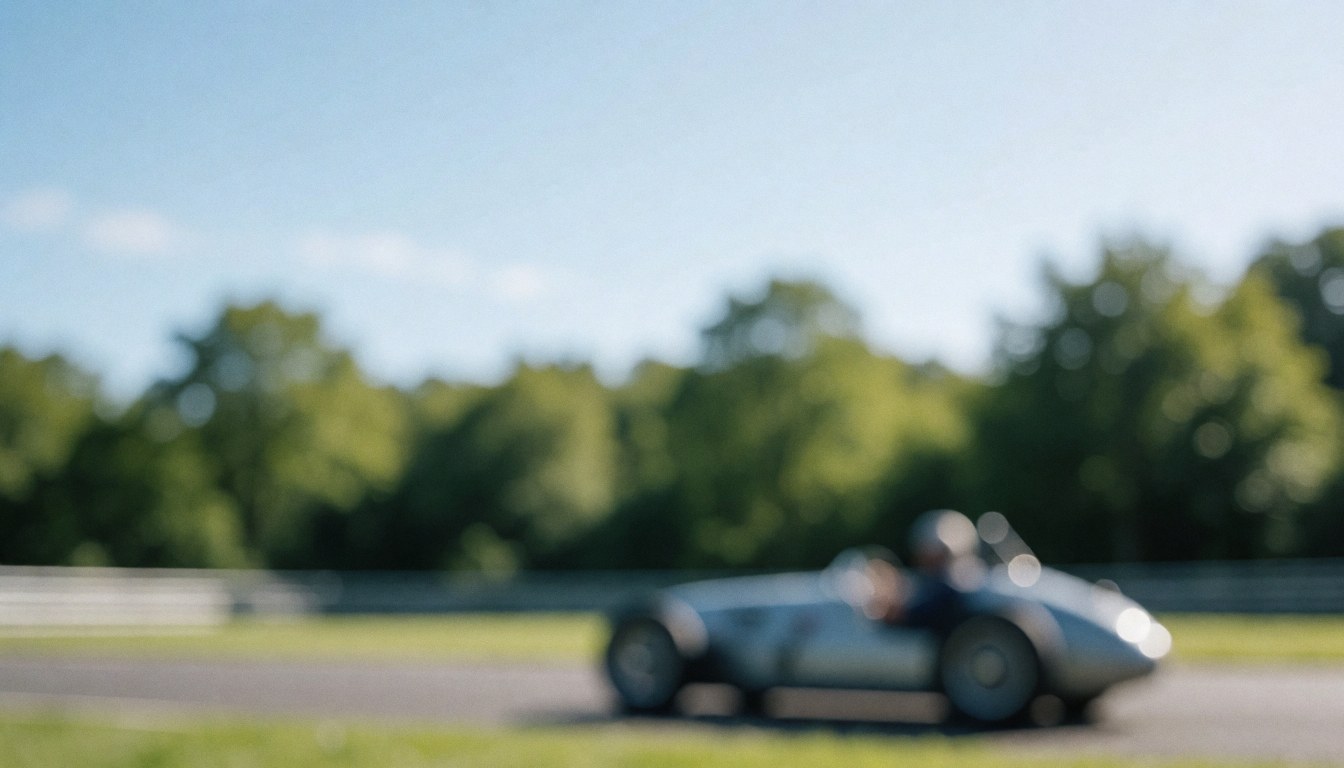 Background of a vintage race car on a track with green trees and blue sky, ideal for business text overlays
