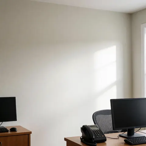 Neutral painted wall illuminated by natural sunlight, featuring a desk with a computer and phone, ideal for office or business storefront and interior.