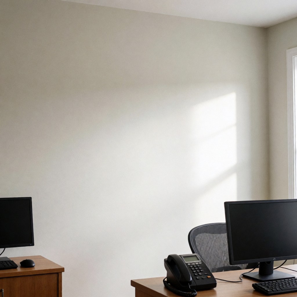 Neutral painted wall illuminated by natural sunlight, featuring a desk with a computer and phone, ideal for office or business storefront and interior.