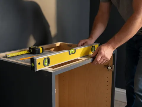 Kitchen installer adjusting a cabinet frame with a bubble level and tape measure against gray walls