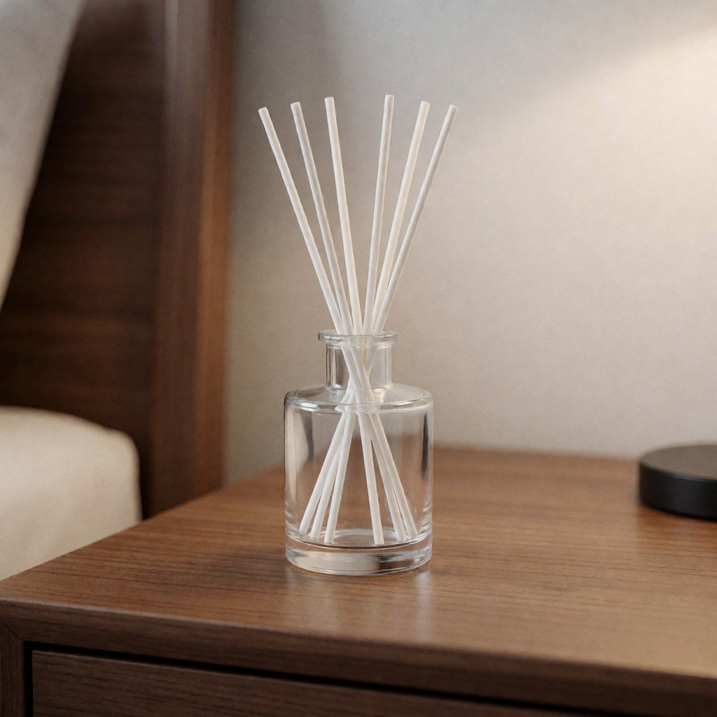 Glass jar aroma diffuser with white reeds placed on a wooden nightstand, suitable for bedroom or living room decor.