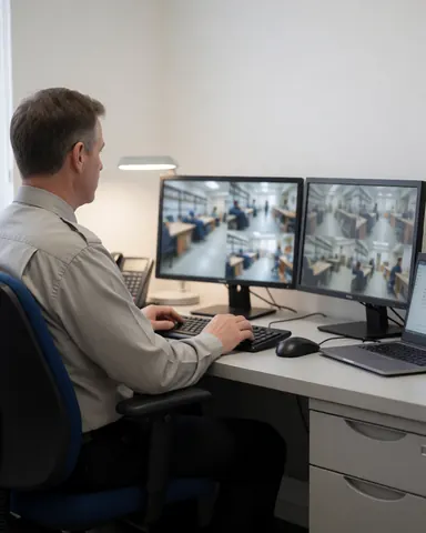 A security guard works at a desk with surveillance monitors, illuminated by a desk lamp in a room with white walls.