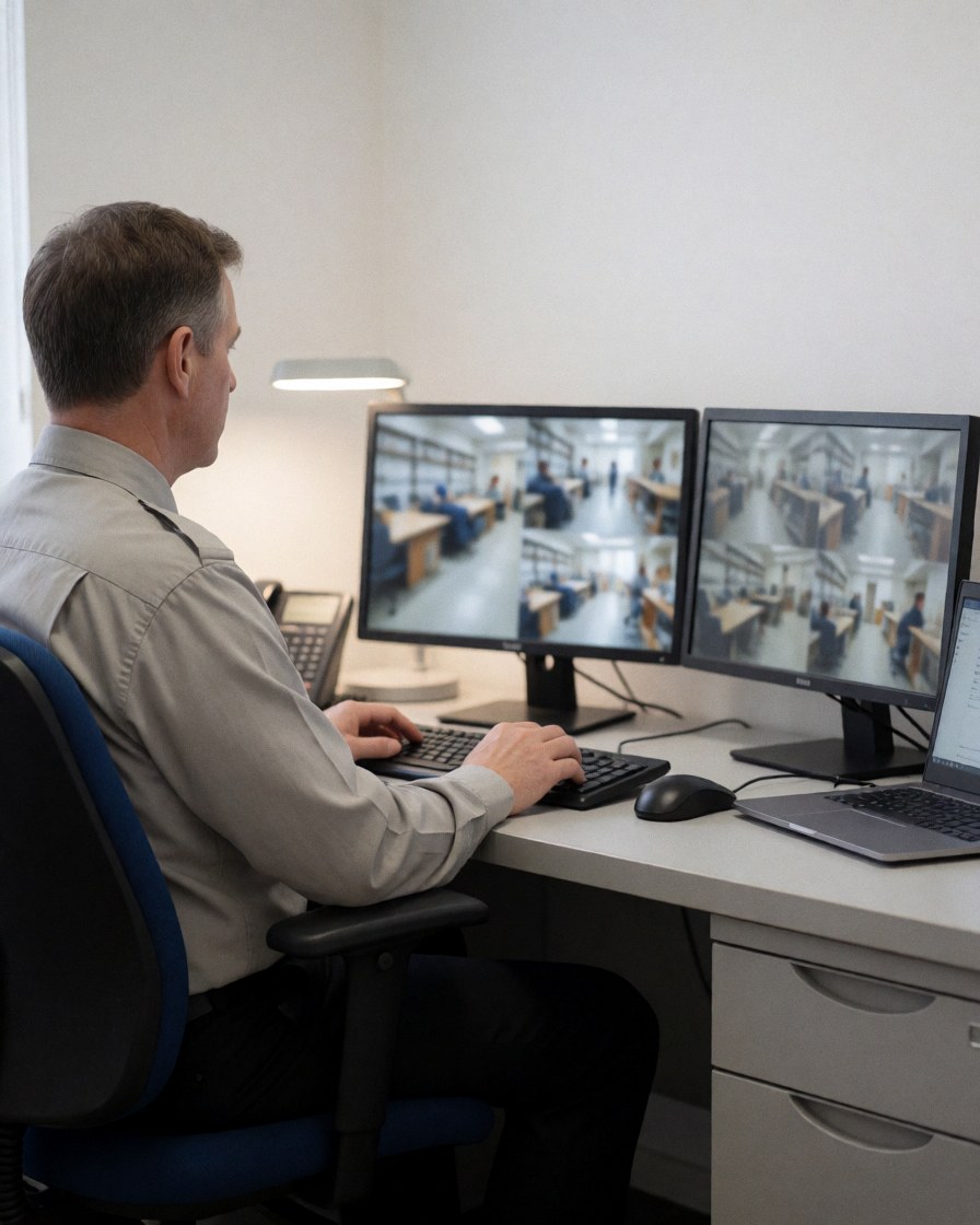 A security guard works at a desk with surveillance monitors, illuminated by a desk lamp in a room with white walls.