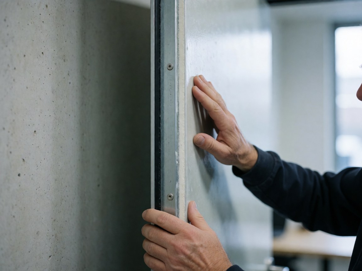 Close-up of a hand checking the seam of a steel and fiberglass door installed in a concrete wall, highlighting industrial installation details.