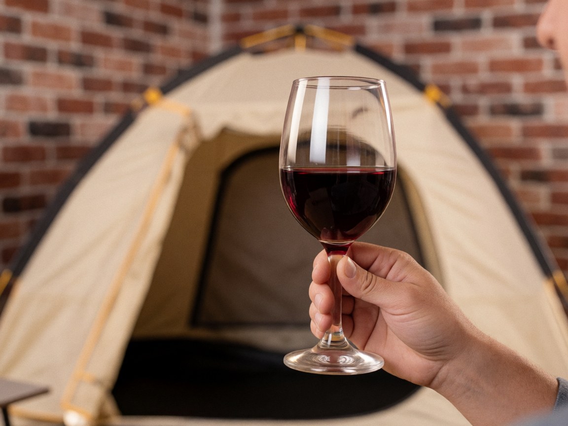 A hand holding a wine glass in front of a white tent with a brick wall background, creating a relaxed camping atmosphere.