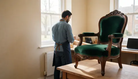 A craftsman working in an upholstery shop, restoring a victorian chair with green fabric, natural light from windows, professional and tidy environment