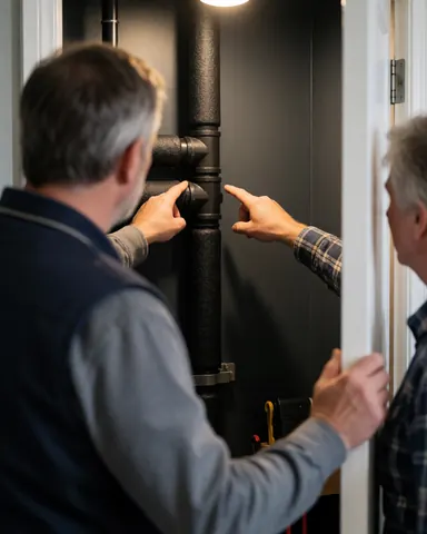 Technician and client inspecting black foam insulated pipes in a closet with gray walls, demonstrating completed work.