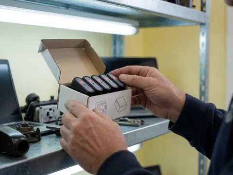 Hands checking light sensors in a box on a metal shelf in an auto accessory workshop with yellow walls and fluorescent lights