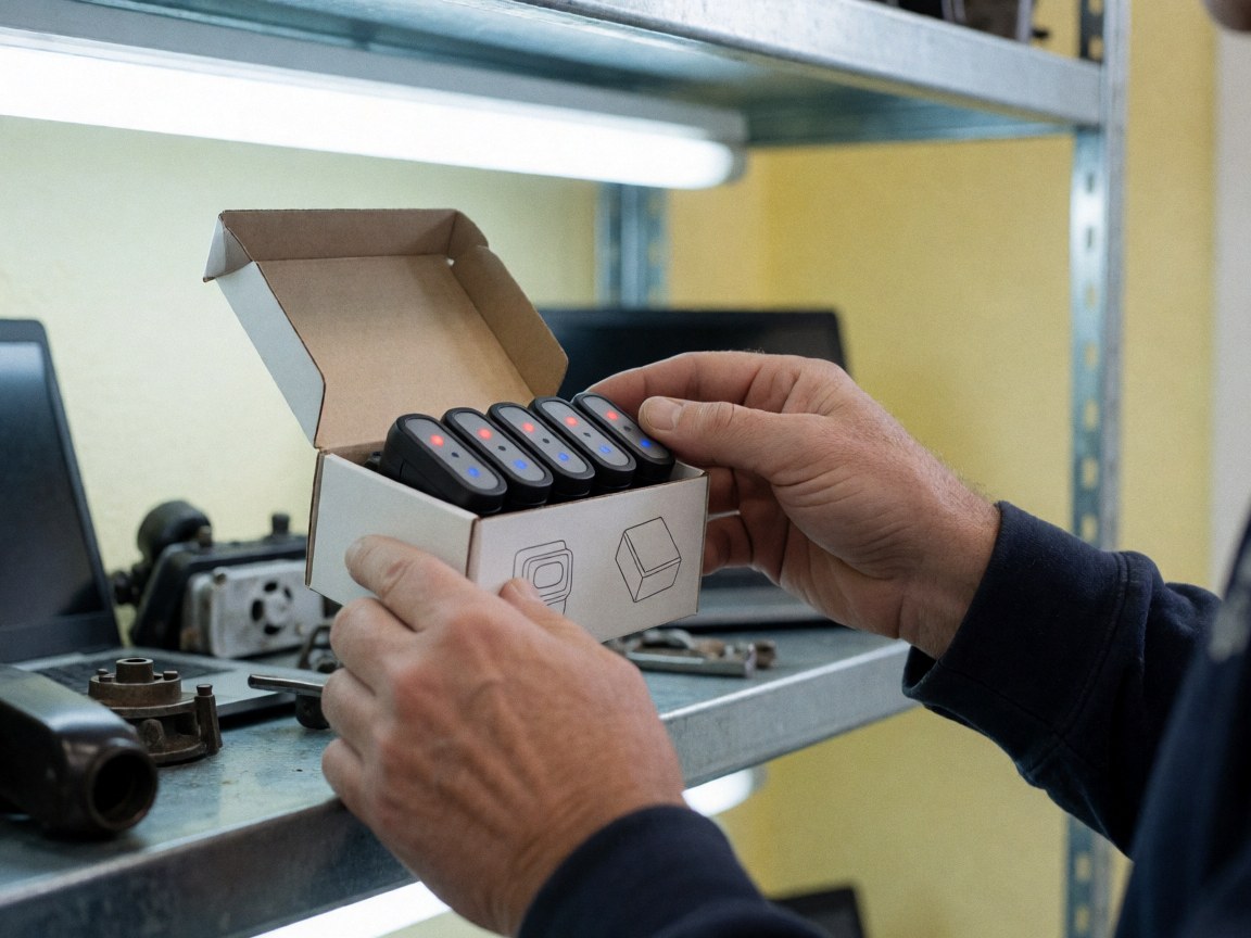 Hands checking light sensors in a box on a metal shelf in an auto accessory workshop with yellow walls and fluorescent lights