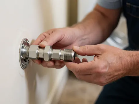 Close-up of hands adjusting a metal connection on a dryer against a warm white wall background