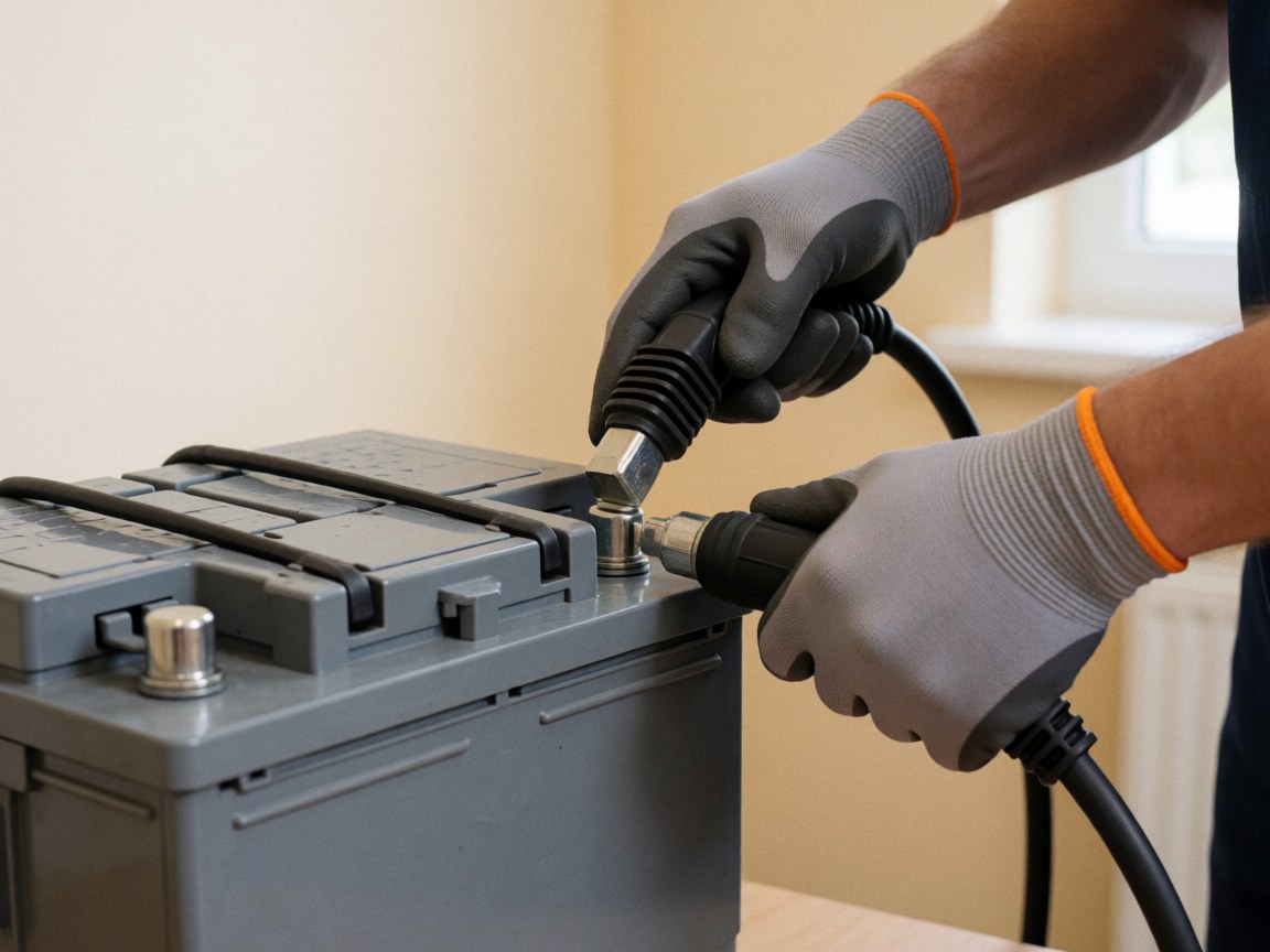 Gloved hands connecting a charging cable to a lead-acid battery terminal in a vehicle recycling workshop.