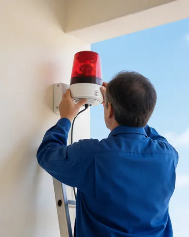 Technician installing a red and white alarm siren on a white wall, demonstrating attention to detail in security alarm repair service.