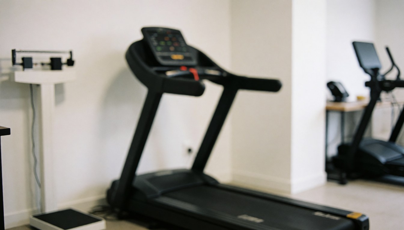 A treadmill and scale in a clean gym setting, ideal for text backgrounds with a professional atmosphere