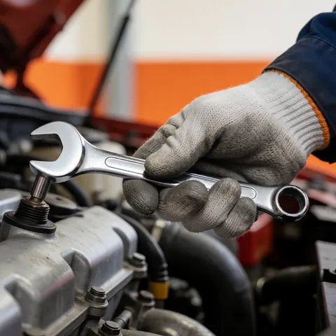 Close-up of a gloved hand using a wrench to tighten a nut on a car engine in a workshop setting.