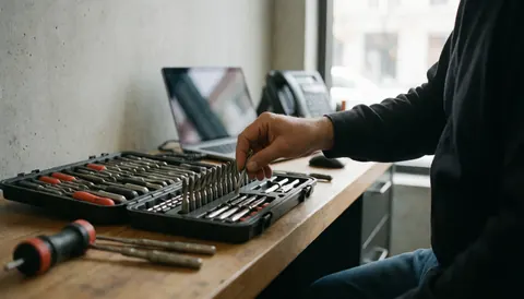 A technician selects a bit from a tool kit on a wooden workbench in an electronics repair workshop with concrete walls.